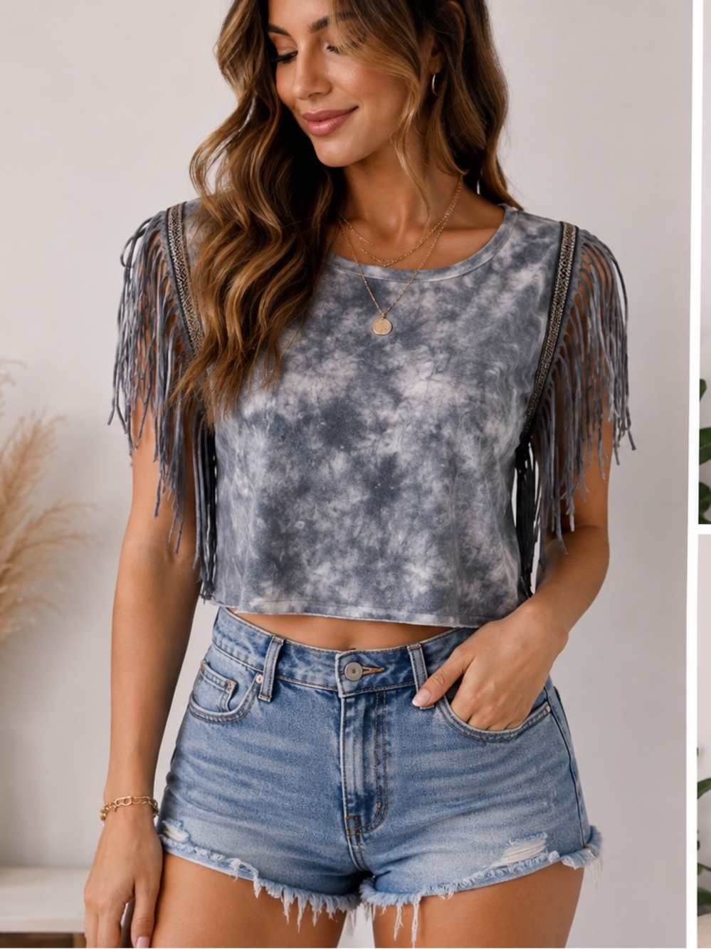 Rock & Republic Gray Tie-Dye Fringe Crop Top